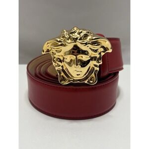 Men's Versace Medusa Red Leather Belt  Metal Gold Buckle Size 110/44